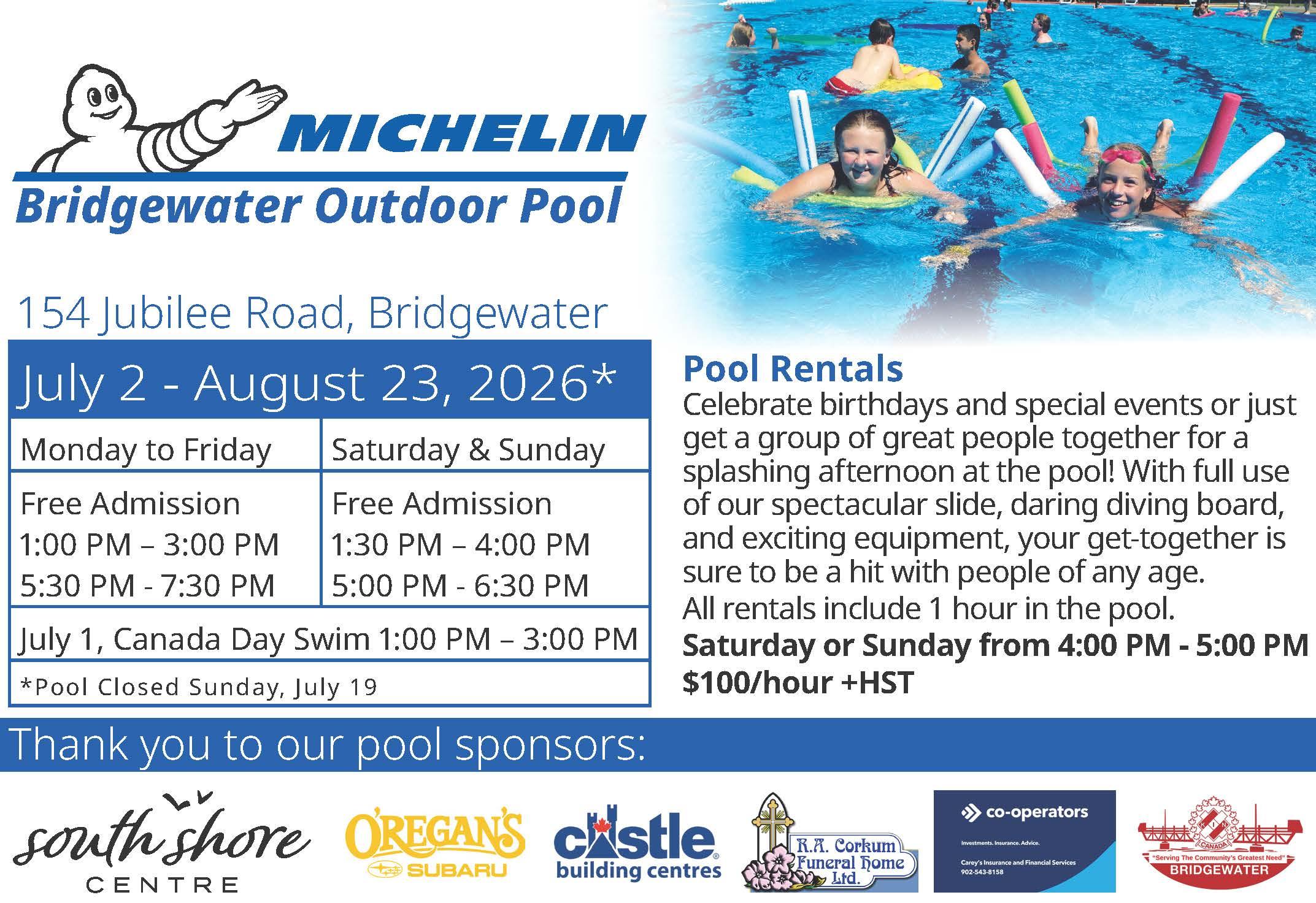 Michelin Outdoor Pool Poster, includes information found in text below as well as an image of two children floating in water. 